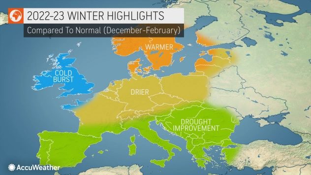 Souhrnná předpověď oblastí s převažujícím typem počasí během zimy 2022/2023 podle Accuweather